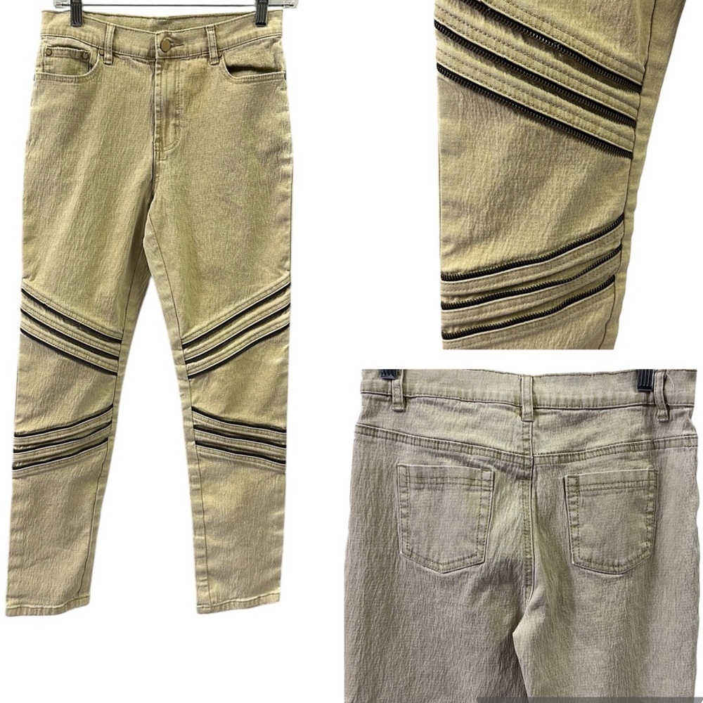 DG2 Diane Gilman Zipper Detail Khaki Stretch Denim Moto Jeggings Womens 4